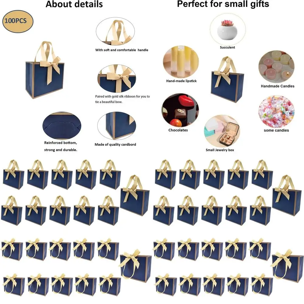 

100 Pack Navy Blue & Gold Gift Bags with Bow Handles, 6.4x3.1x5.1 Inches, Ideal for Birthdays, Weddings, Baby Showers, and Party