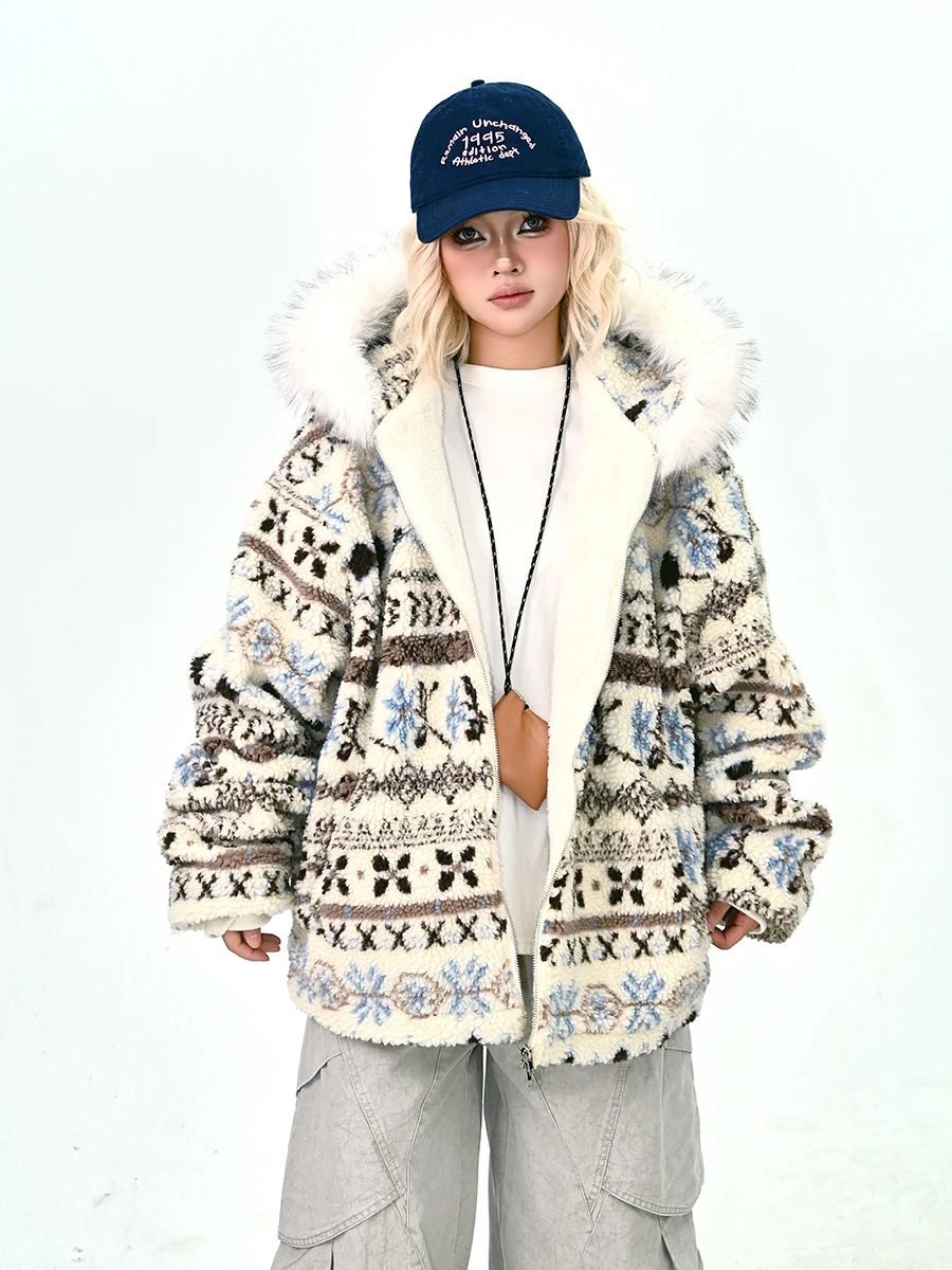 

Laid-ba Sle Women's Hooded Jaet with Fur Collar Loose Fit American Sle Outerwear Trendy Winter Coat PMFIVEE Brand