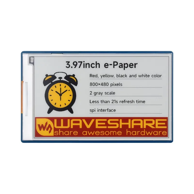 3.97inch E-Paper Display (G), E-Ink Display, 800 × 480, Red/Yellow/Black/White, SPI, Standard Raspberry Pi 40PIN GPIO header