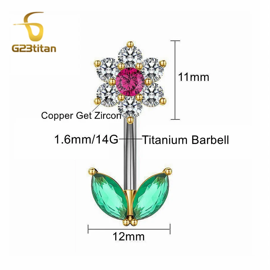 G23titan Zircon Flower Belly Button Ring Women Sexy Navel Piercing Jewelry Anti Allergic G23 Titanium Golden Accessories Ombligo