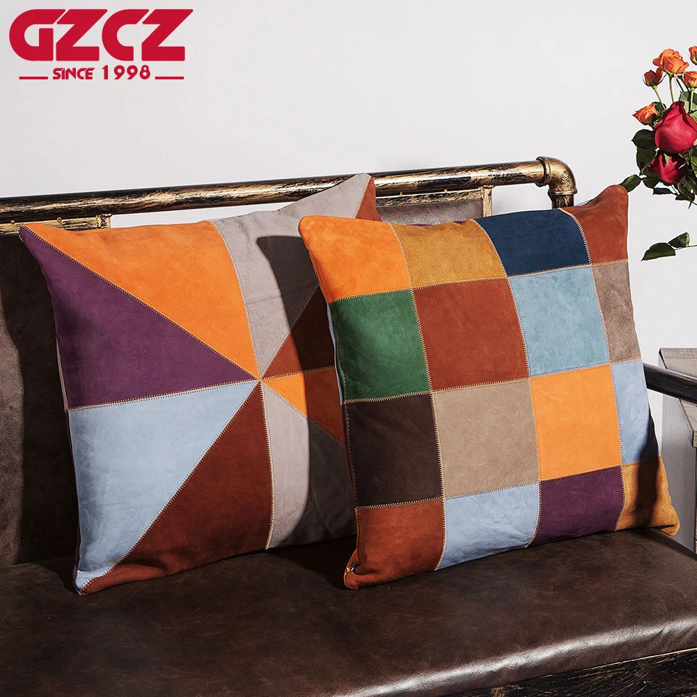 GZCZ 45*45 Real Leather Patchwork Throw Pillow Covers Modern ﻿Popular Cushion Cases Office Sofa Chair Decorative Pillowcases