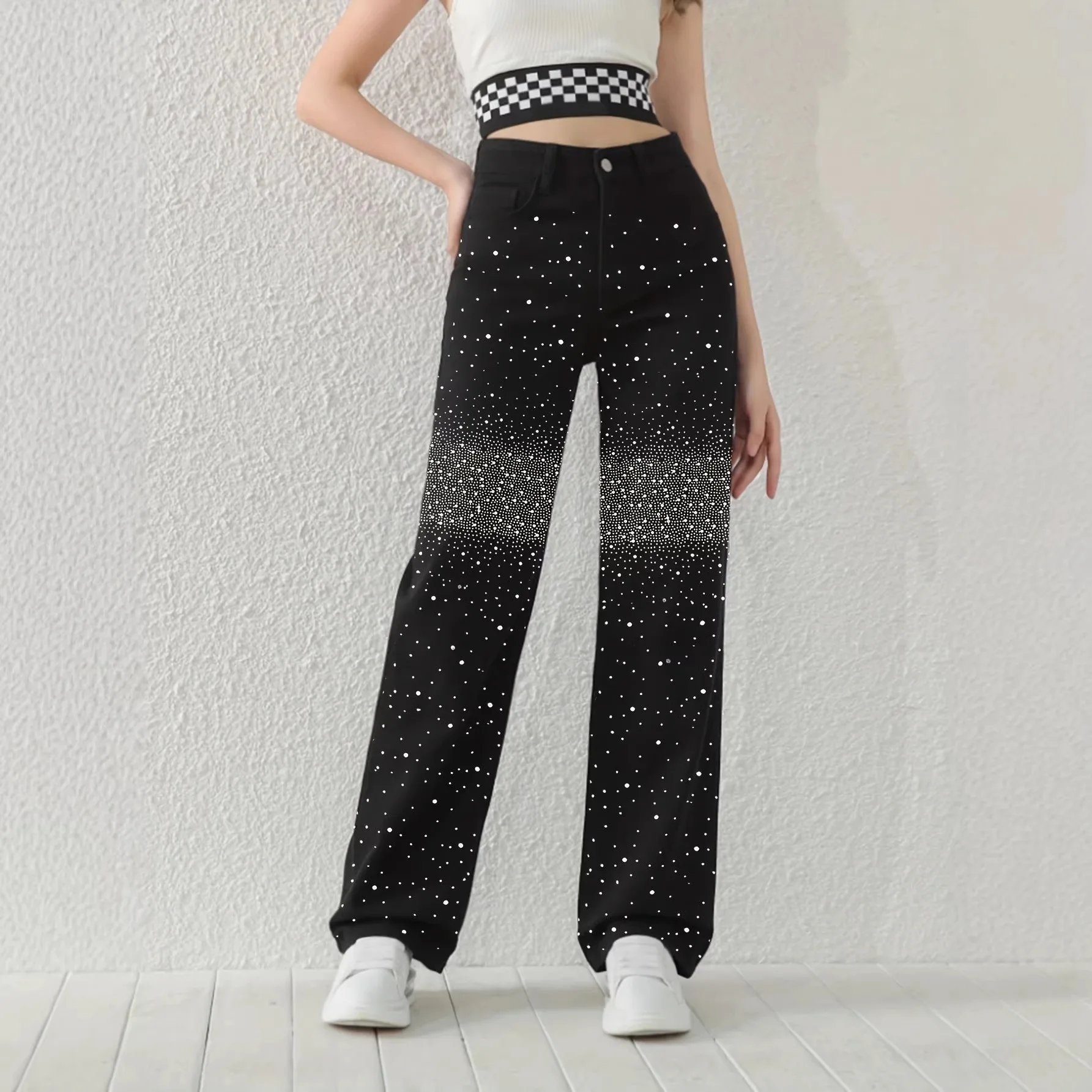 

High Waist Women's Jeans Elastic Straight Leg Wide Leg Pants Water Washed Cotton Fabric Black Color OL Commute Style