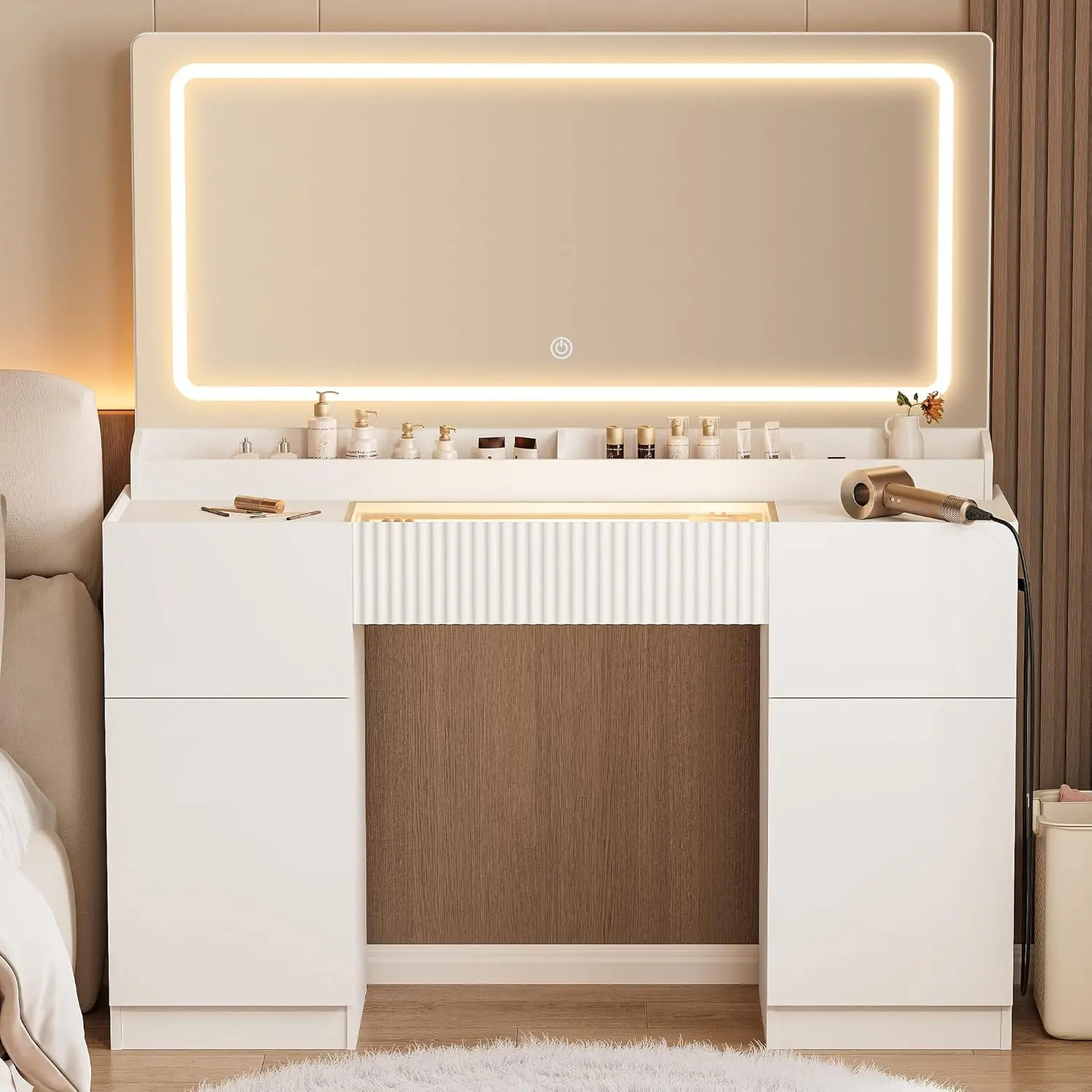 Pure White Modern Glass Top Makeup Vanity Set with Power Outlet, 3 Drawers, 2 Cabinets and Adjustable Lighting for Bedroom