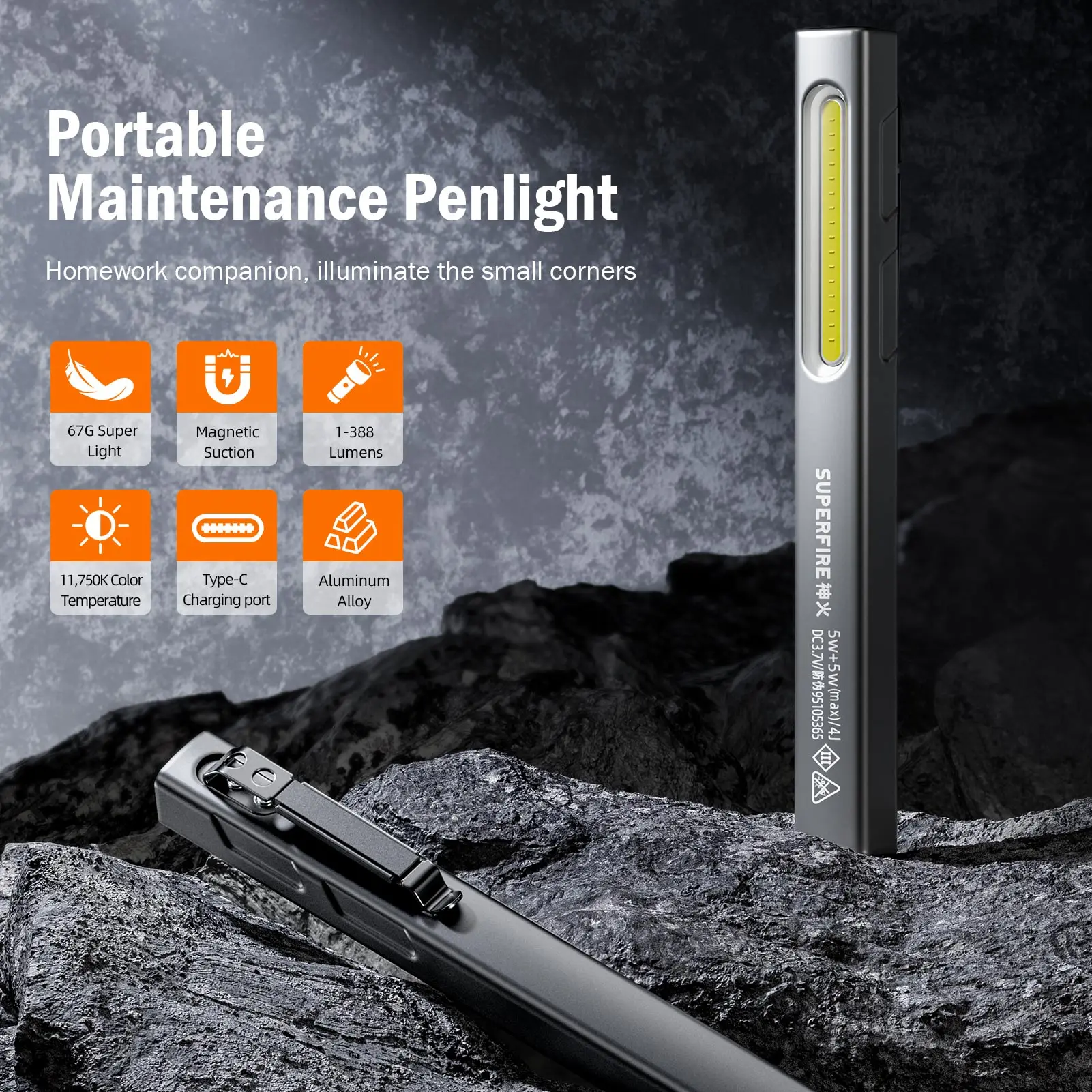 مصباح قلم SUPERFIRE G32 مع ضوء جانبي وشعلة يعتم ستبليس، مصباح LED صغير للجيب لإصلاح السيارات في حالات الطوارئ