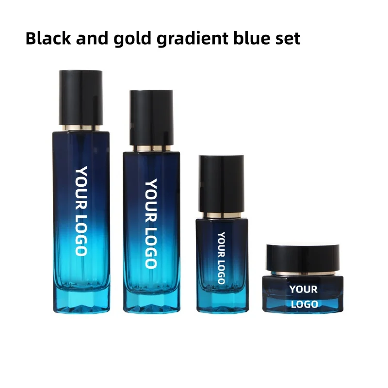 【Logo Custom】1Pcs Ocean Gradient Blue Cosmetic Lotion Pump Bottle 100ml Glass Sprayer Bottle Custom Logo  50g Blue Cream Jar