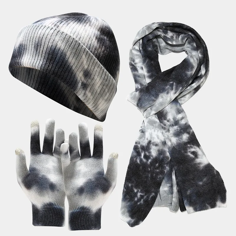 3 pcs New Tie-Dye Knitted Hat, Gloves, Scarf Set for Women, Autumn and Winter Outdoor Cold-Proof Hat Three-Piece Sets Unisex