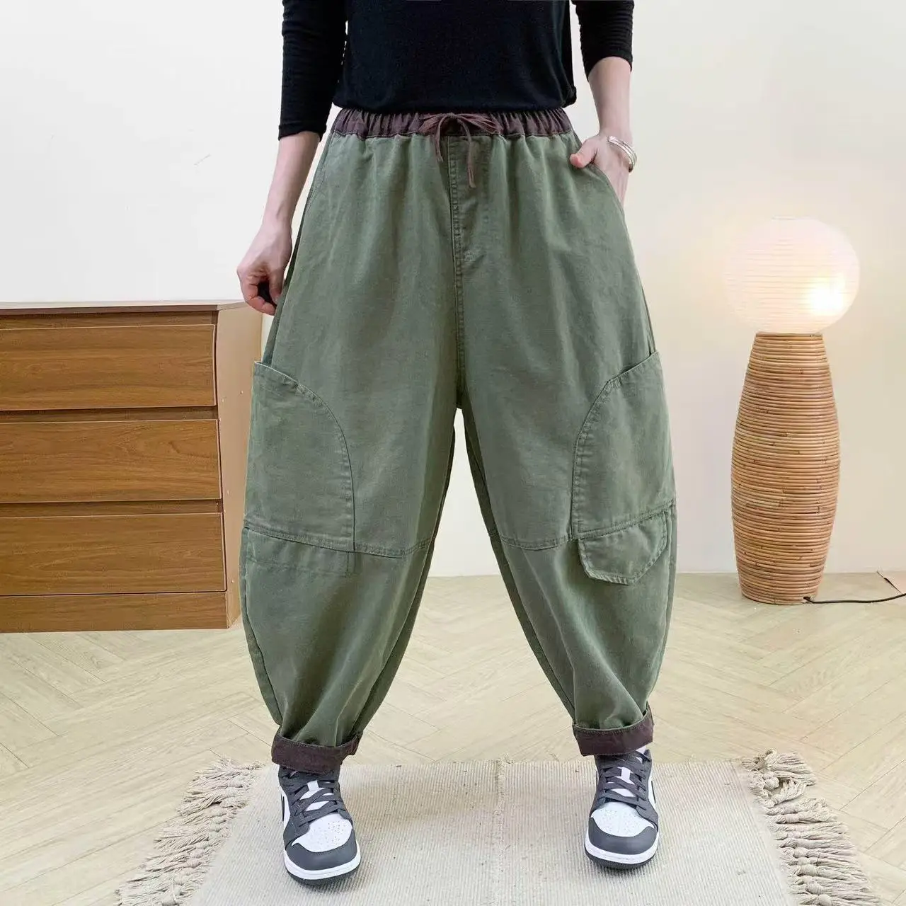 

Vintage Spliced Colors Jeans Spring Elastic Waistline Women Pants Loose Cotton Harem Jeans For Women