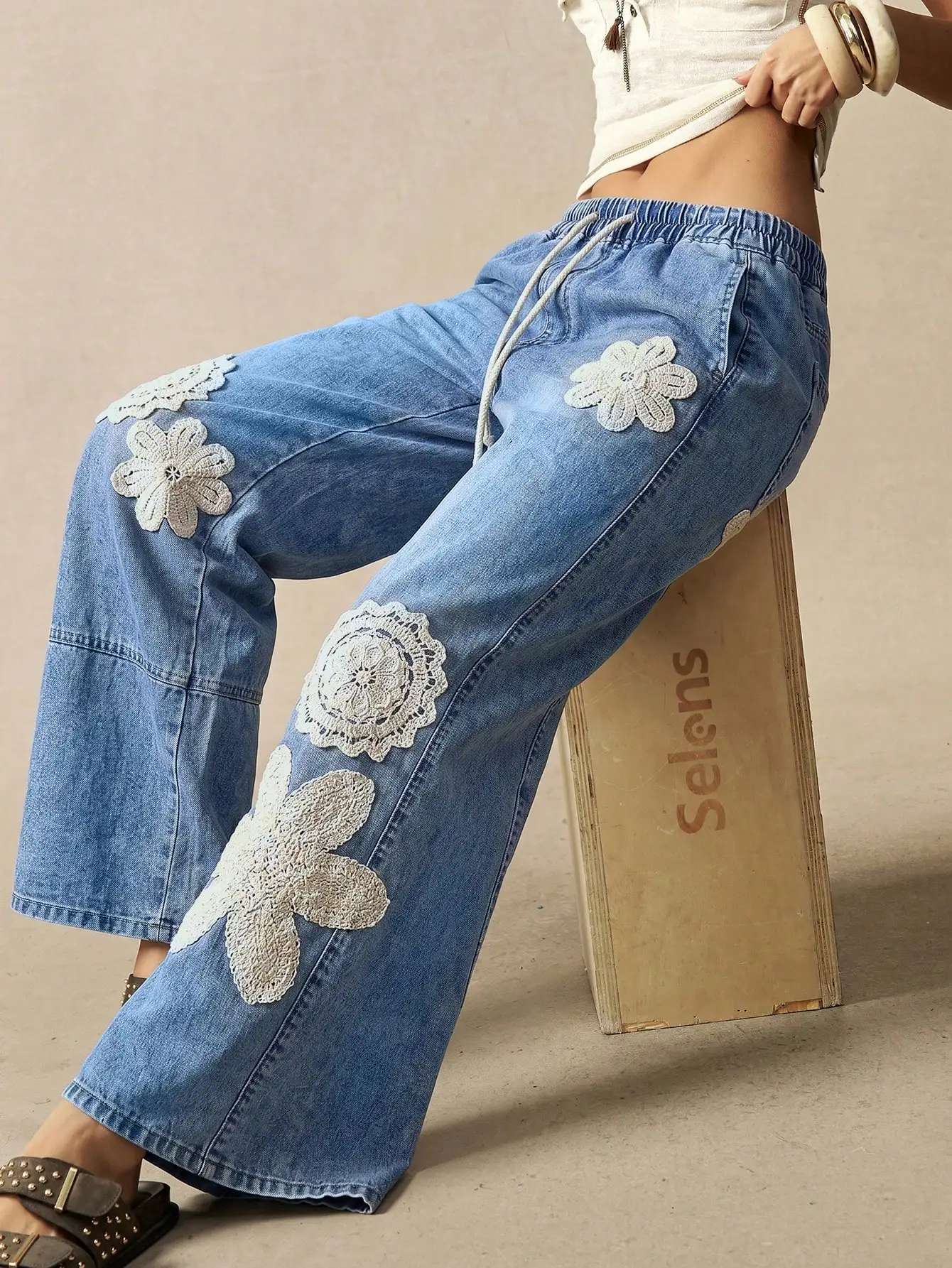 Bohemela Casual Boho Solid Color Woven Denim Loose Wide Leg Women's Long Pants Vacation Blue And White Flower Autumn
