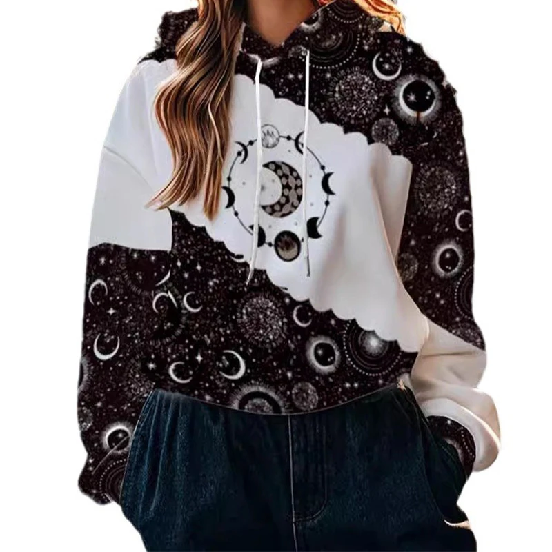 Women Black Gothic Graphic Print Sweatshirt Vintage 90s Harajuku Korean Y2k Hoodies Pullover Top Trashy Emo 2000s Clothes Autumn