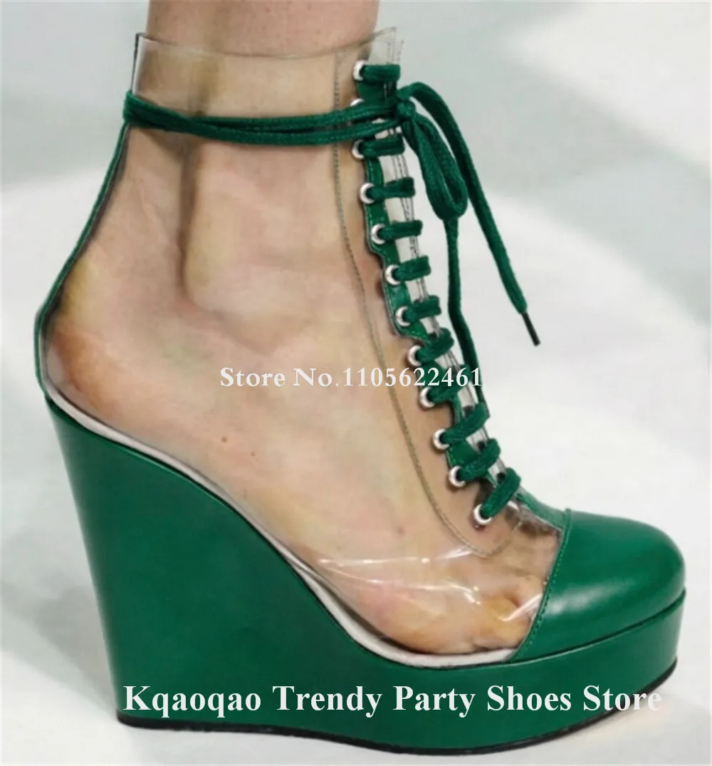 Kqaoqao Green Blue Red Patchwork Clear PVC Wedge Short Boots Round Toe Transparent Lace-up High Platform Ankle Short Boots