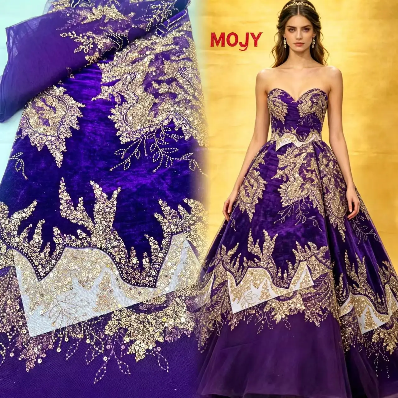 

Purple Velvet Lace Fabric with Gold Sequins, Heavy Beaded Embroidered Tulle, Luxury Lace Material for Wedding Dresses, Evening G