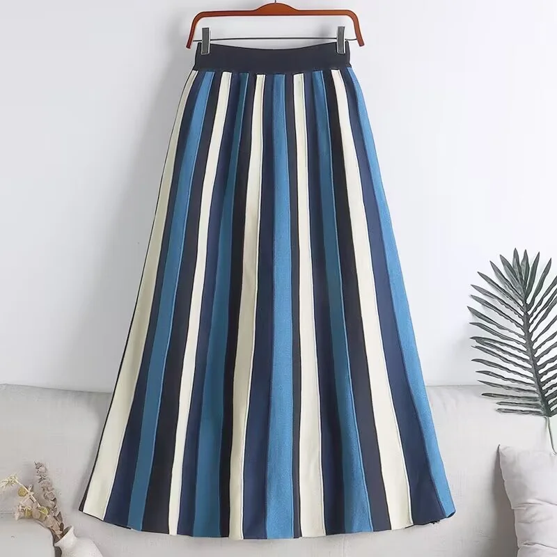 Striped Skirt Brown Gray A-Line High Waist Knitted Midi Skirt Elegant Pleated Skirt Women Spring Autumn Winter faldas femme