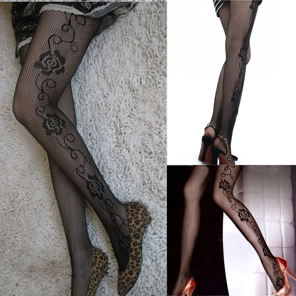 Top Quality Women's Sexy Long Stocking Jacquard Pantyhose Tights Fishnet Net Side Rose