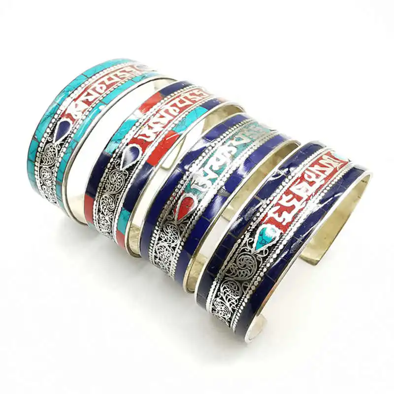 Tibetan Six Words Mantras Amulet Bangles Copper Inlay Colorful Stone Open Cuff Multi Colors BB-135