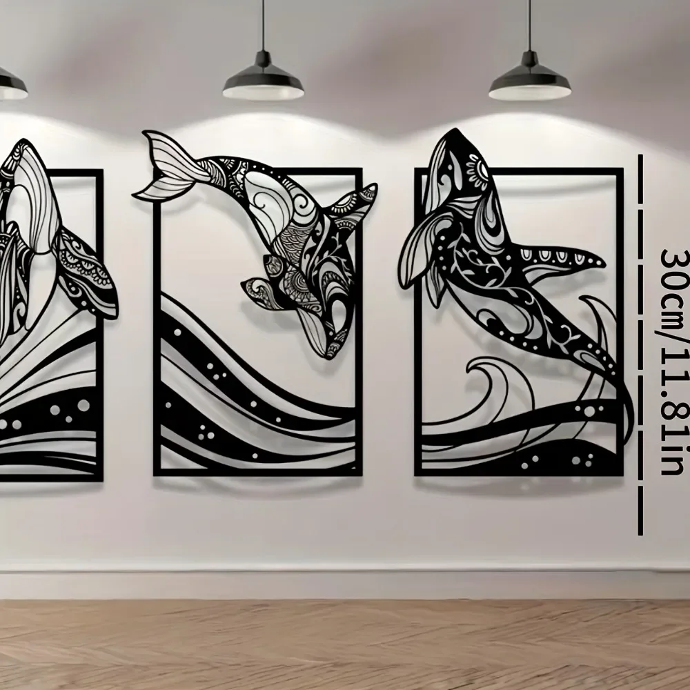 CIFBUY 3Pcs Iron Art Whale Wall Decor, Metal Sea Life Wall Hanging Artwork, 2D Flat Silhouette, Powder-Coated Rustproof