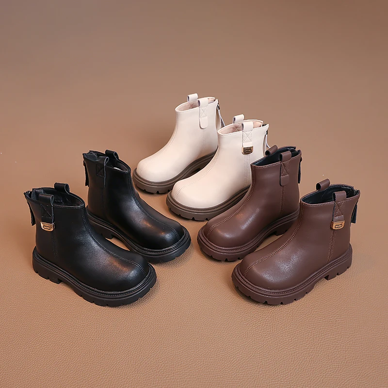 

2025 Winter New Fashion Children Keep Warm Short Boots for Girls British Style Soft Anti-slippery Versatile Ankle Leather Shoes