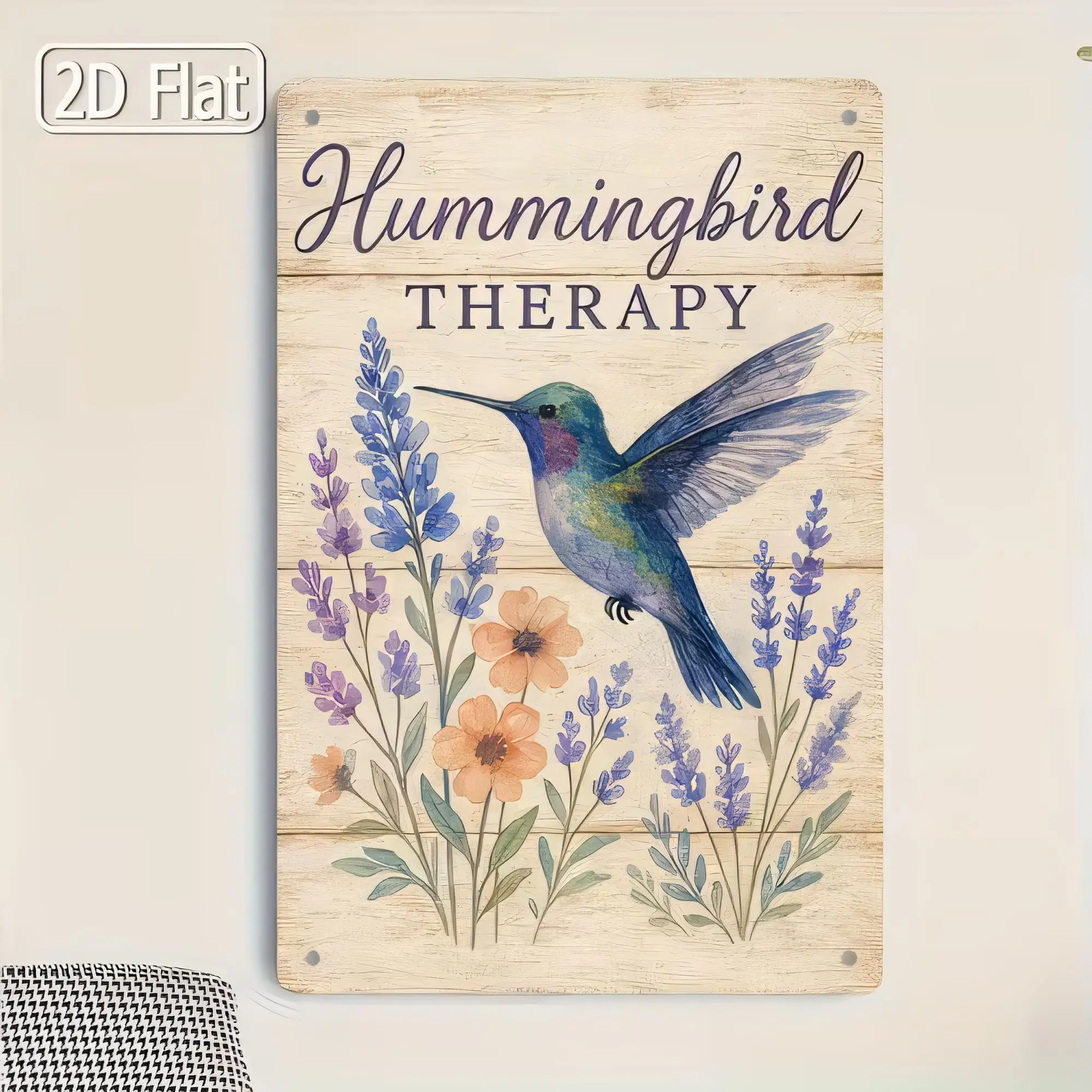 Hummingbird Therapy Tin Sign, Vintage Floral Bird Wall Decor, Lavender Botanical Art Plaque for Garden Patio Porch,  Metal Tin P