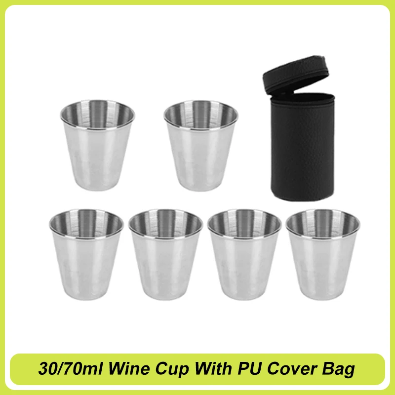 6Pcs/set 30/70ml Polished Mini Stainless Steel Portable Drinking Wine Cup With Leather Cover Bag For Outdoor Travel Camping