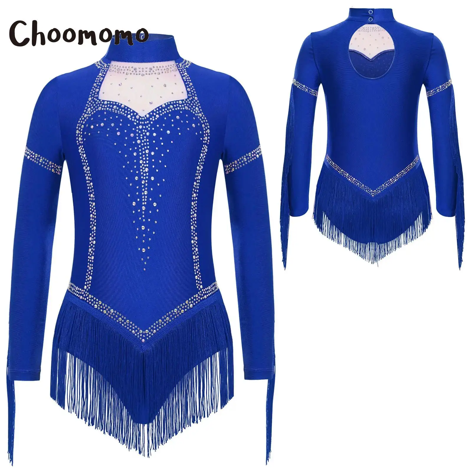 

Girls Latin Dance Leotard Dress Long Sleeve Rhinestones Tassels Cha-Cha Tango Jumpsuit Rhythmic Gymnastics Skating Costume