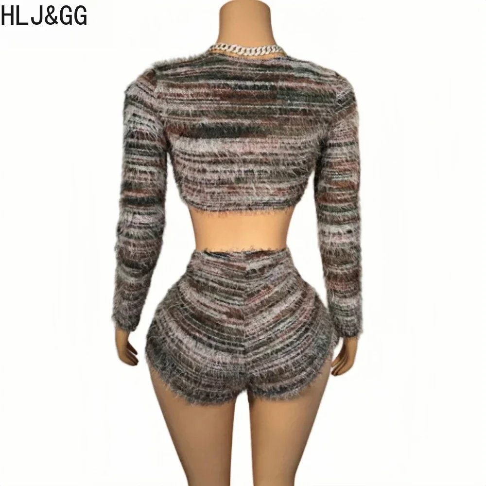 HLJ & GG Mode Gebreide Streep Hol Tweedelige Sets Vrouwen Bandage Lange Mouw Slanke Crop Top + Shorts outfits Sexy 2 stuks Kleding