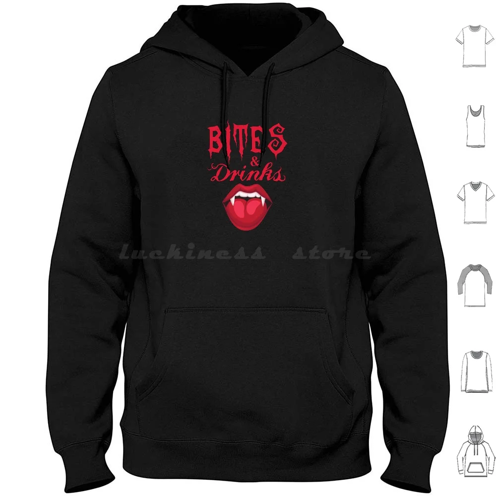 Bites & Drinks Hoodie cotton Long Sleeve Cute Horror Funny Vampires Halloween Bat Black Demon Devil Ghost Monster Cool Scary