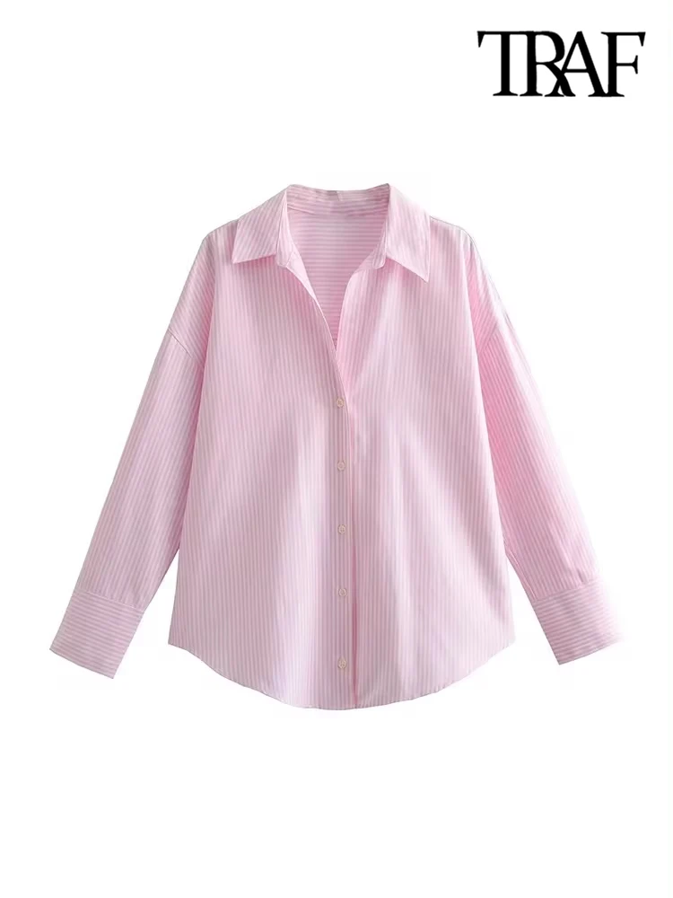 TRAF-Loose Asymmetric Shirts for Women, Long Sleeve, Front Button, Female Blouses, Chic Tops, Fashion