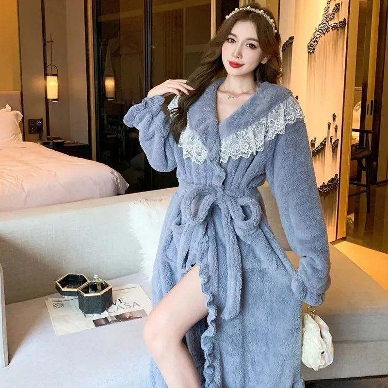 

2023 Winter New Long Sleeve Thick Warm Flannel Kimono Robes Women Sexy Lace Bathrobes Sleepwear Bath Robe Nightdress Night Dress