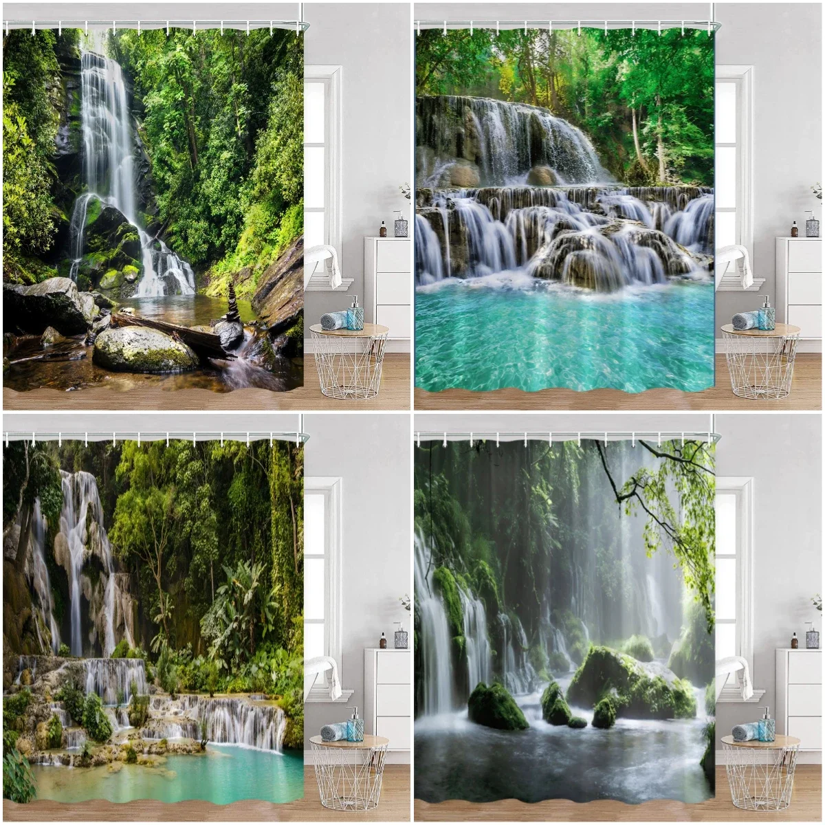 Waterfall Shower Curtains Natural Landscape Green Plants Forest Nature Greenery Home Decor for Bathroom Polyester Bath Curtain