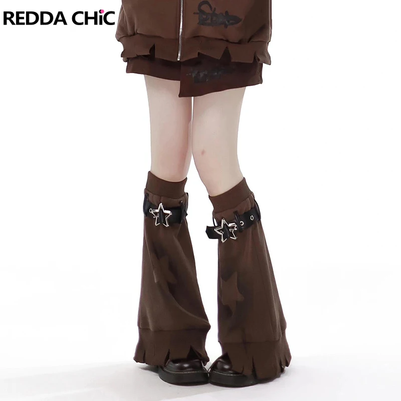 ReddaChic Women Star Tassels Leg Warmers Cowgirl Bootcut Belted Boots Cover Print Brown Knee Long Socks Western Vintage Clothes