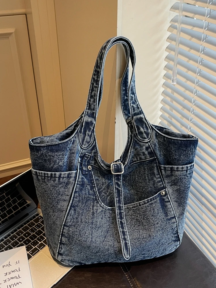 Large Capacity Denim Shoulder Bag Women's Handheld Tote Commuting Versatile College Students' Class Briefcase 2026 New Style