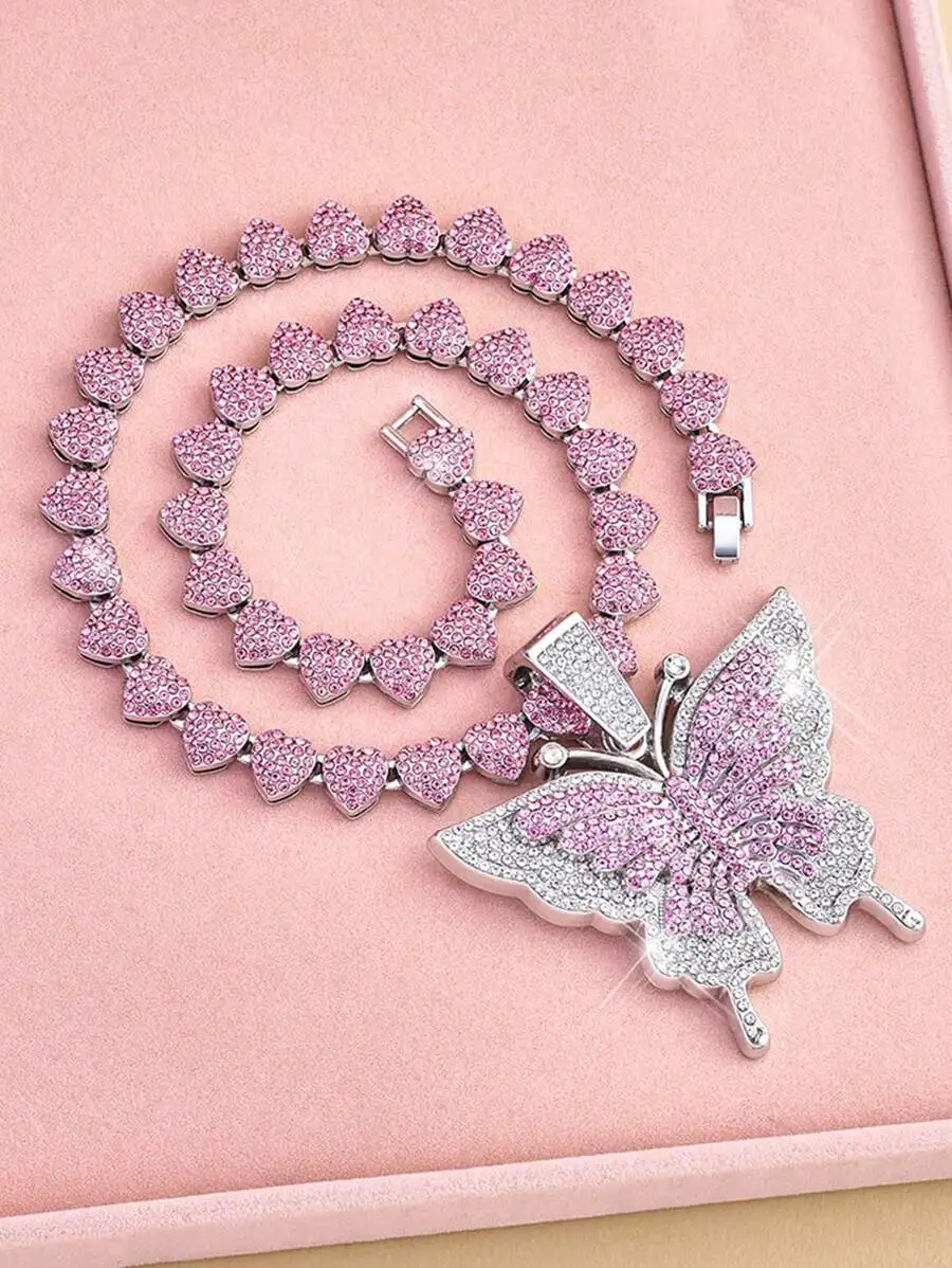 

Pink Butterfly Heart Pendant Cuban Chain Necklace Fashion Jewelry For Women