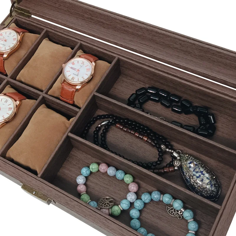 Retro version PU leather imitation wood grain 6-grid watch+3 glasses necklace jewelry storage collection display box large space
