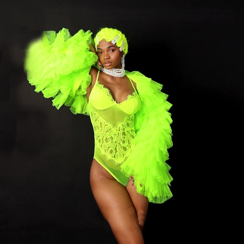 

Sexy Gogo Dancer Costumes Women Green Lace Bodysuit Coat Socks Nightclub DJ DS Stage Pole Dance Clothing Rave Outfits DWY9246