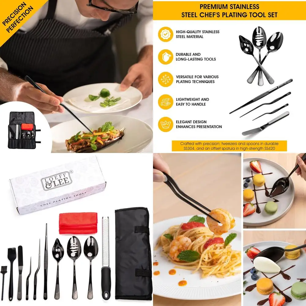 

Professional Black Culinary Tools Set: 7-Piece Chef's Kit with Plating Utensils, Tweezers, Offset Spatula, Zester, and Basting B