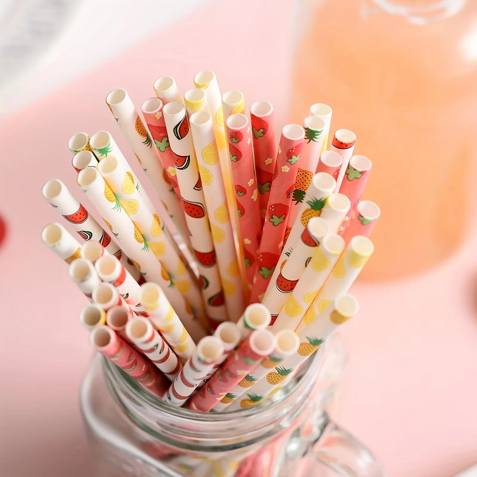 100pcs Cute Fruit Pattern Paper Straws Durable Disposable Flat non-soggy Straws Milk Cocktail Soda Funny Decoration 6*197mm