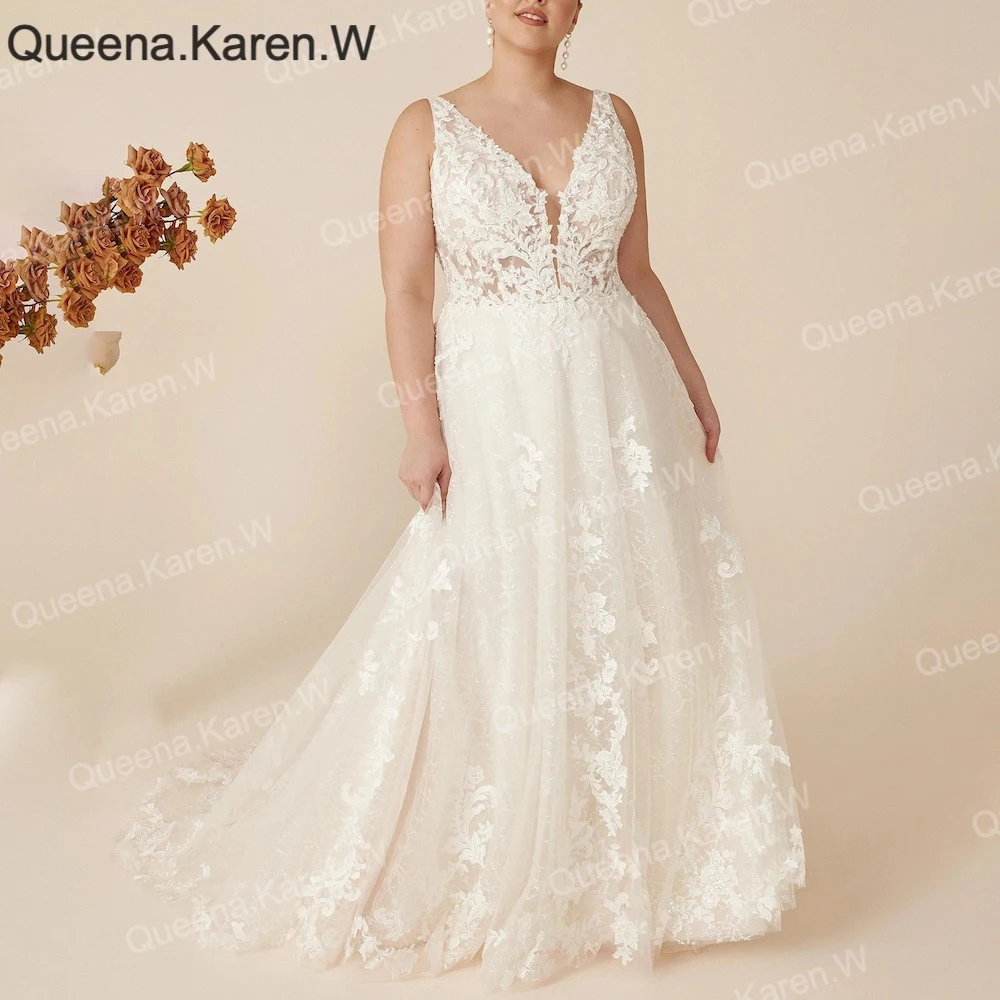 Queena.Karen.W Elegante abito da sposa linea A con scollo a V abito da sposa con applicazioni in pizzo robe de mariee Abito da sposa linea A