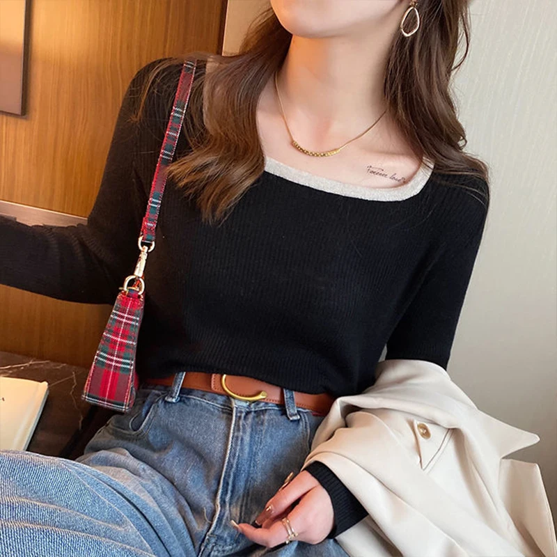 

Новинка 2024, осенняя Женская одежда, плотное нижнее пальто, однотонный вязаный свитер в стиле ретро с квадратным воротником, милая изящная одежда для отдыха