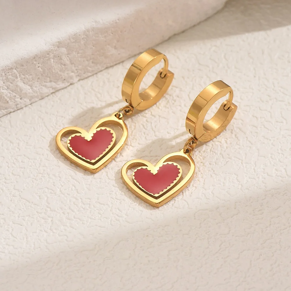 

Stylish 201 Stainless Steel Heart Hoop Earrings Golden Red 34x14mm