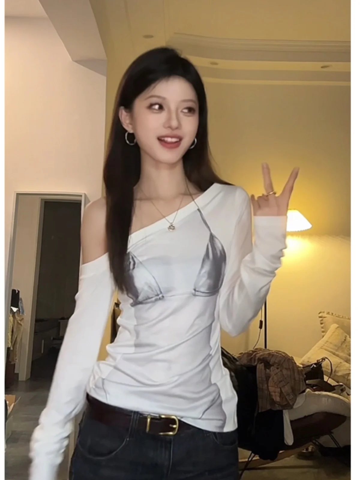 

Street Sle Long Sve Slim Fit oulder Bared T irt Женский летний тонкий топ Pure Desire с принтом Повседневный сексуальный обнаженный топ