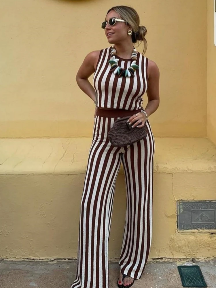 Ladies Elegant Striped Sleeveless Knit Long Pants Sets Women Casual O-neck Crop Tops Two Piece Sets High Street Women Outfits