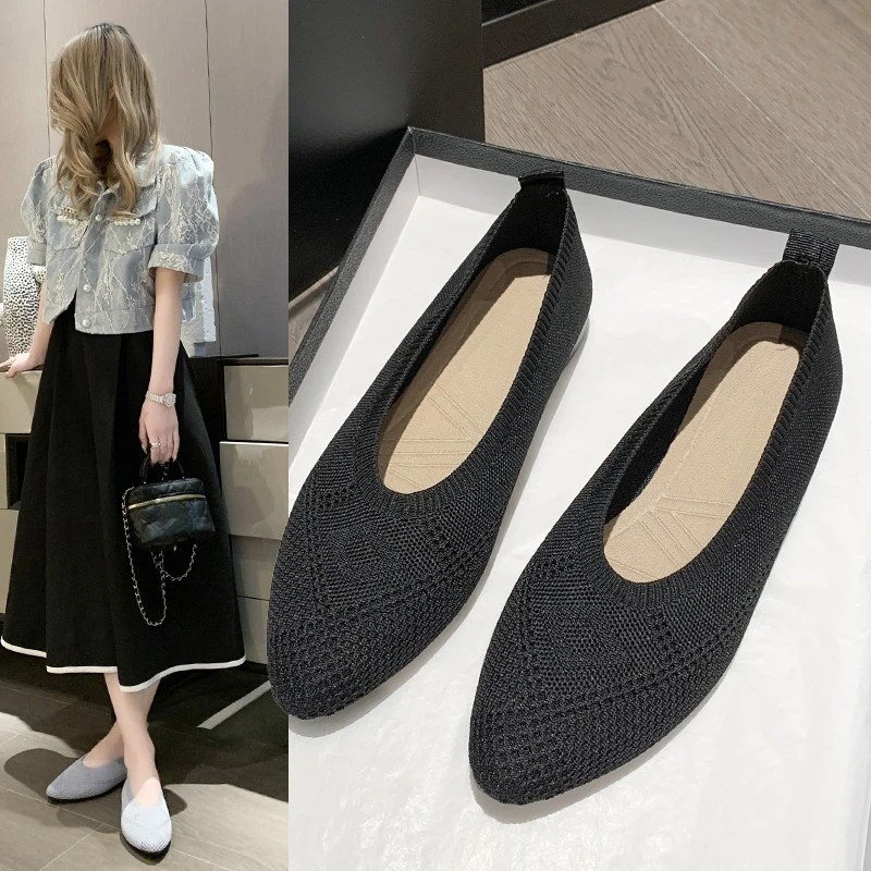 Spring/Autumn Women's Low-Heel pointed tip Slip On Knitted Mesh Breathable Casual Sneakers Fashion Comfortable Lightweight Shoes