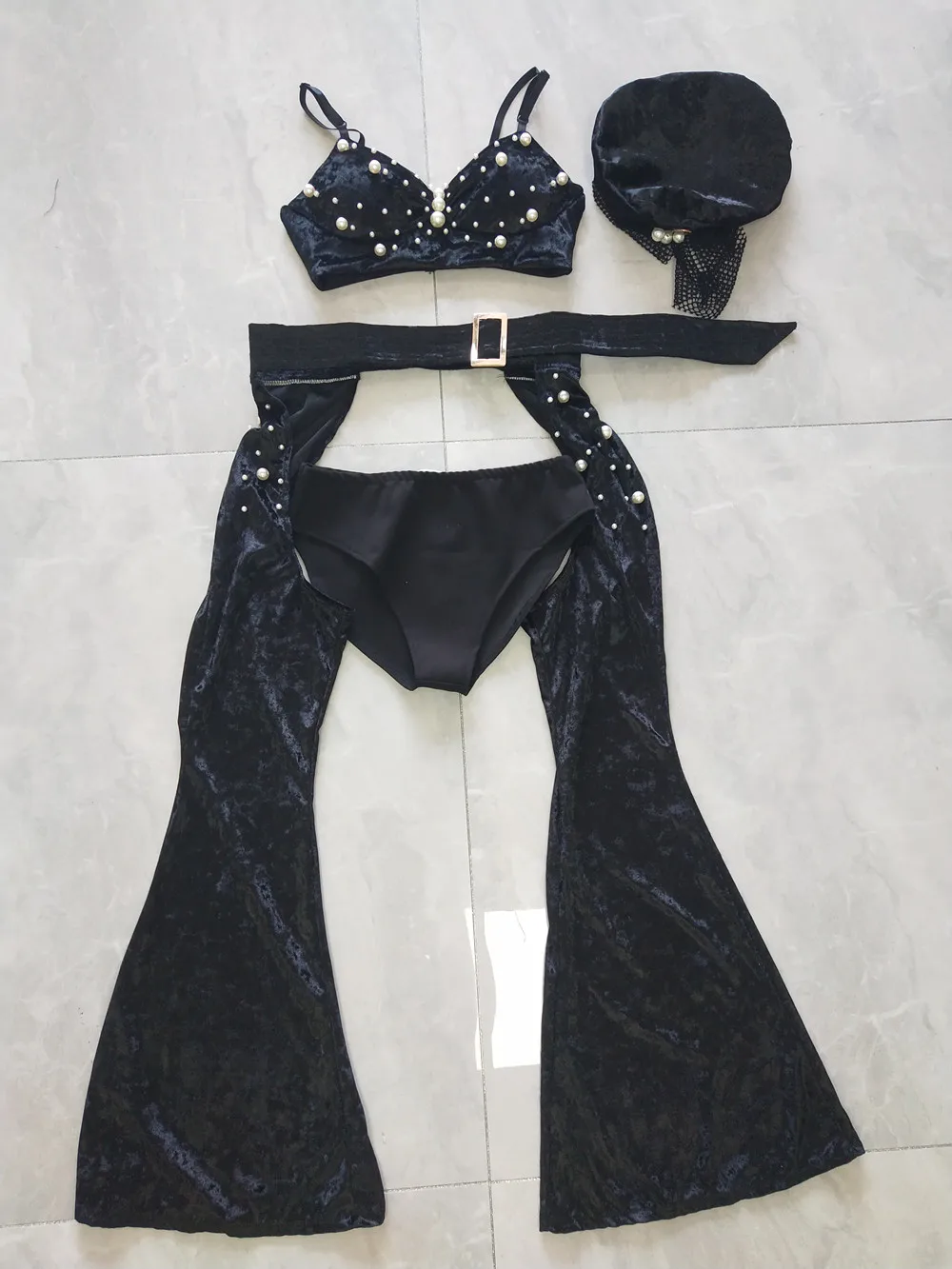 Nightclub Bar Black Velvet Pearl Bikini Flared Trousers Outfits Sexy Gogo Dance Costume Women DJ Singer Performance Stage Wear