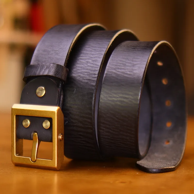 Tough Guy Estilo Quadrado Cabeça Fivela De Cobre Puro Cinto Couro De Gado Casual Pin Buckle Designer De Luxo Couro Genuíno Jeans Cinto