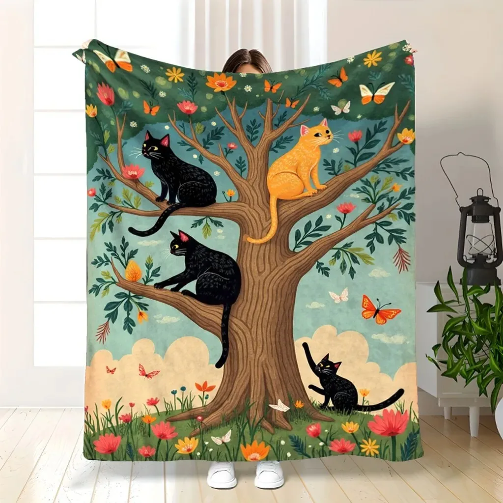 

Современное ретро-одеяло с кошачьим принтом - уютный фланелевый плед для домашнего декора