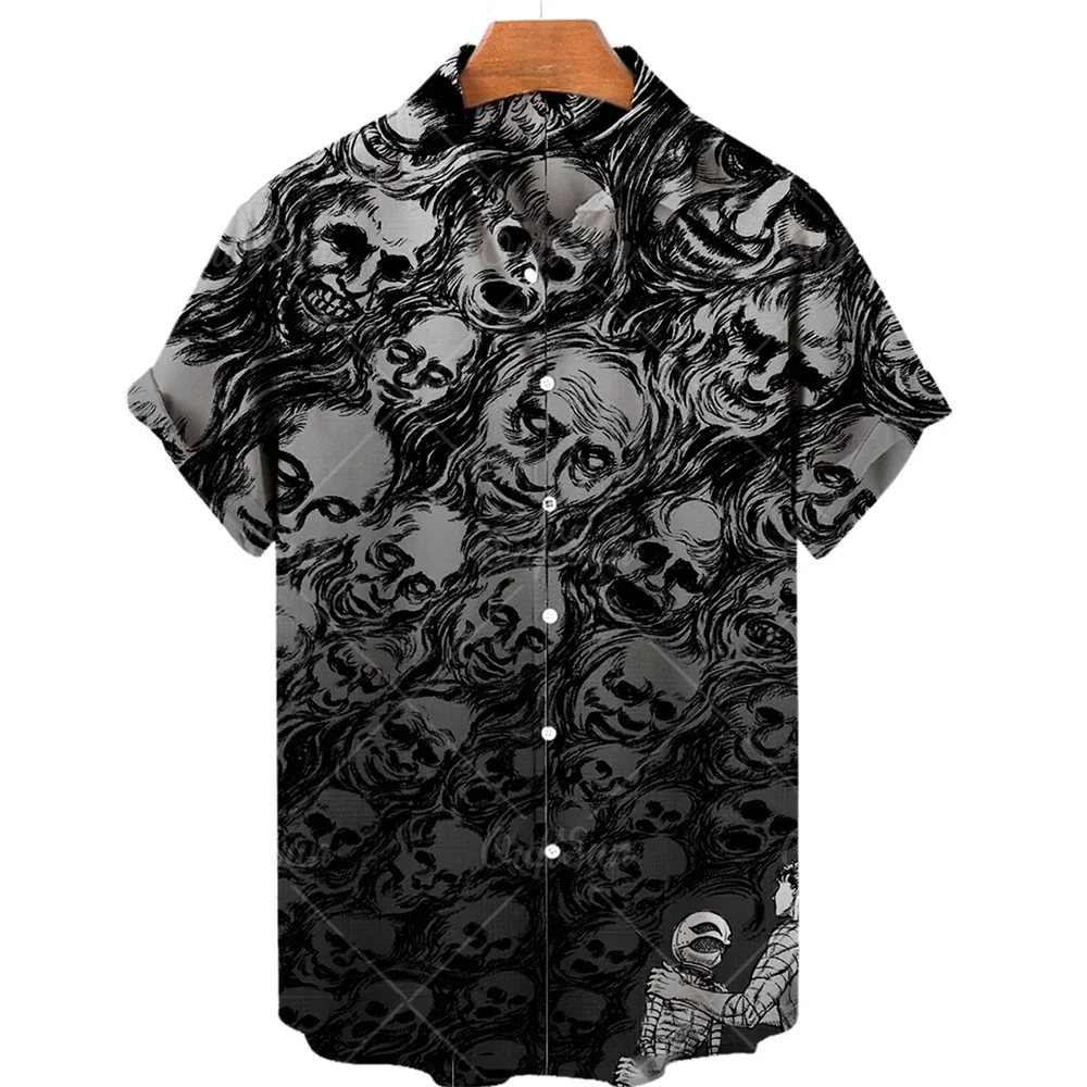 Camisa havaiana de manga curta masculina, camisa de dread estampada caveira 3D, camisa estilista, verão, 2024