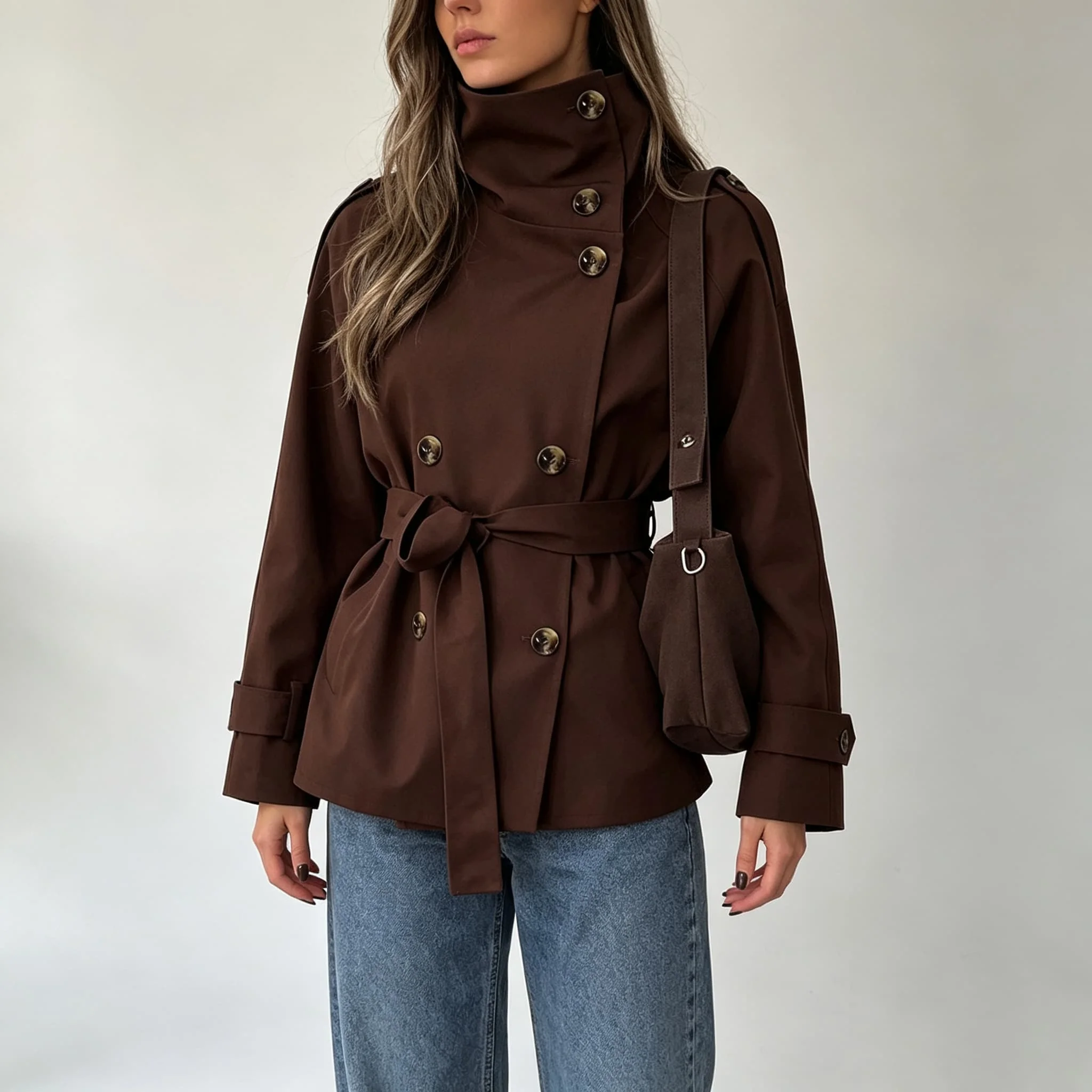 Women\\\'s Medium Elastic Solid Cropped Jacket Featuring Stand-Up Collar Double-Breasted Closure and Belted Waist