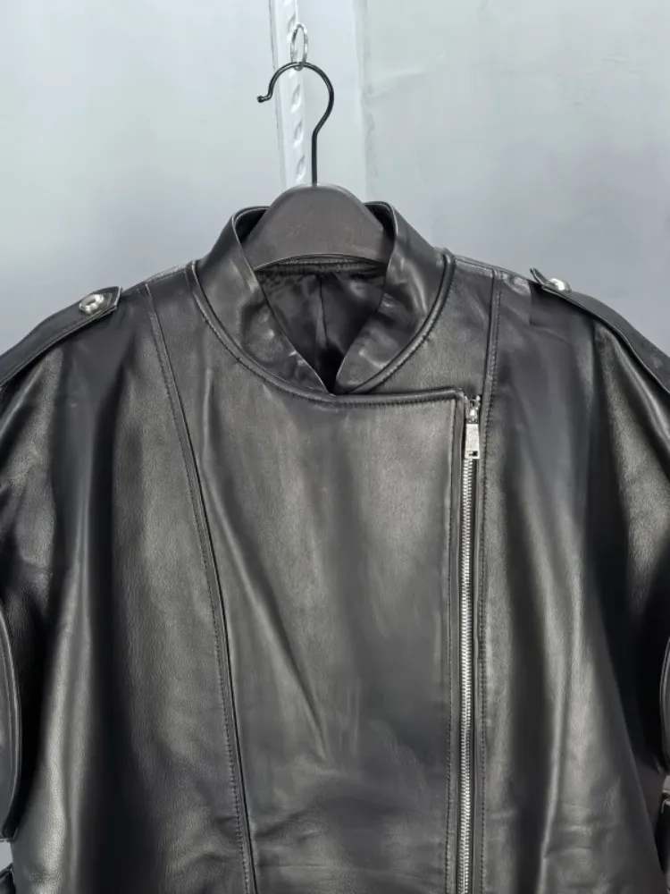 Büro Weibliche Echtes Leder Anzug Kragen Einfarbig Jacke Lose Schaffell Kurzen Ärmeln Zipper Schärpen Tasche Oberbekleidung