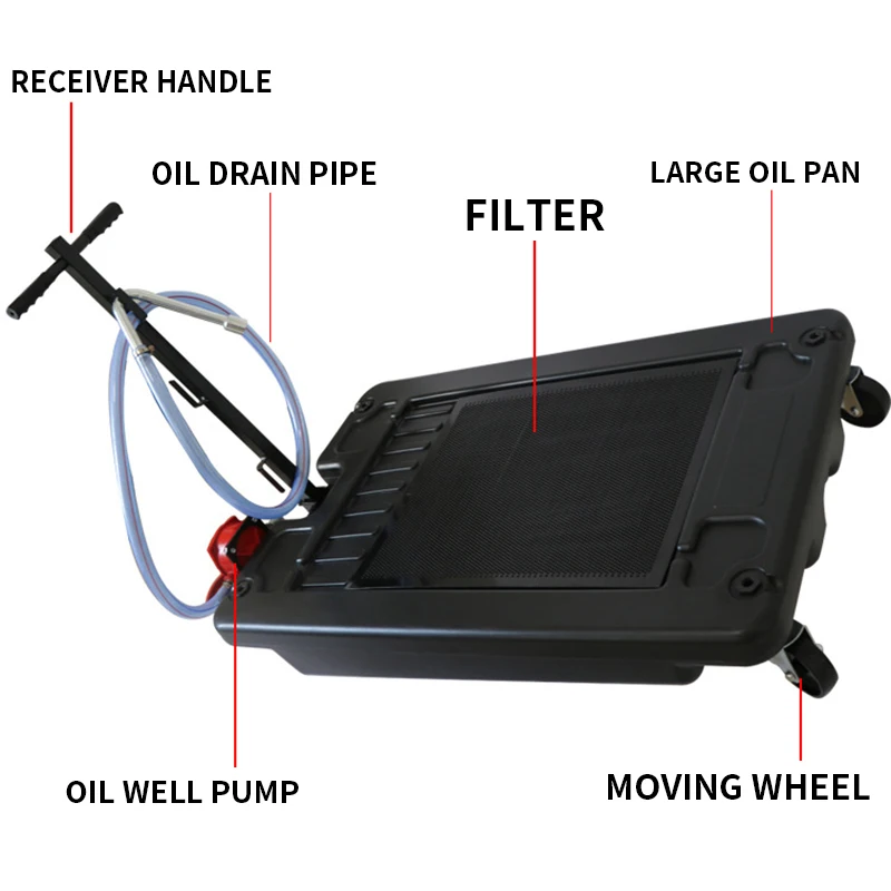 

Low Profile Oil Drain Pan 17Gal / 64L 4 Casters with Electric Pump Hand Crank 8/10 FT Hoses for Draining Oil or Antifreeze