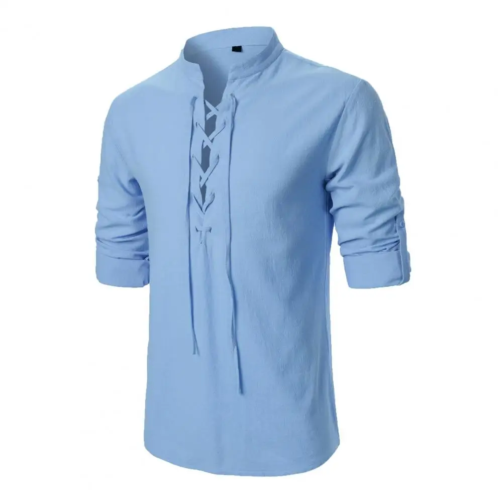 Men Long Sleeve Shirt Medieval-inspired Men's Shirt with Lace-up Stand Collar Cufflink Detailing for Casual or Office Wear