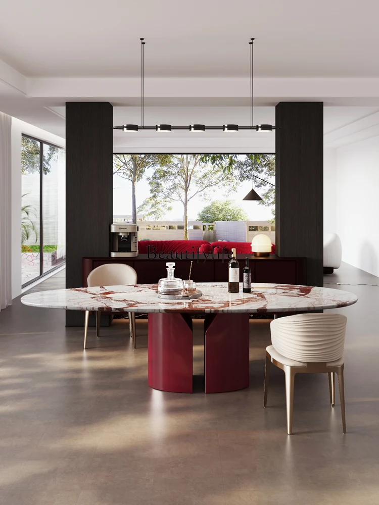 

04Imported natural marble dining table, water drop-shaped high-end oval light luxury high-end red luxury stone dining table
